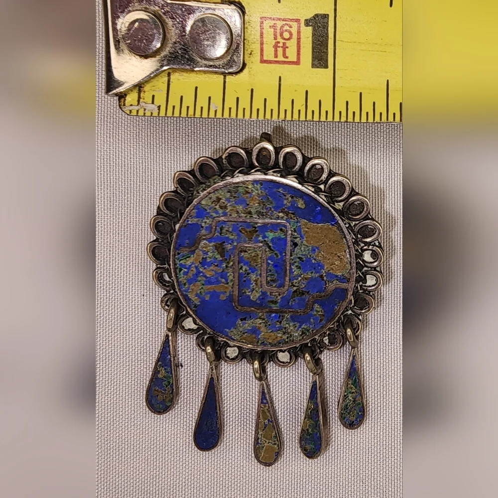 VINTAGE MEXICAN STERLING SILVER TURQUOISE INLAID MOSAIC PIN BROOCH/ PENDANT